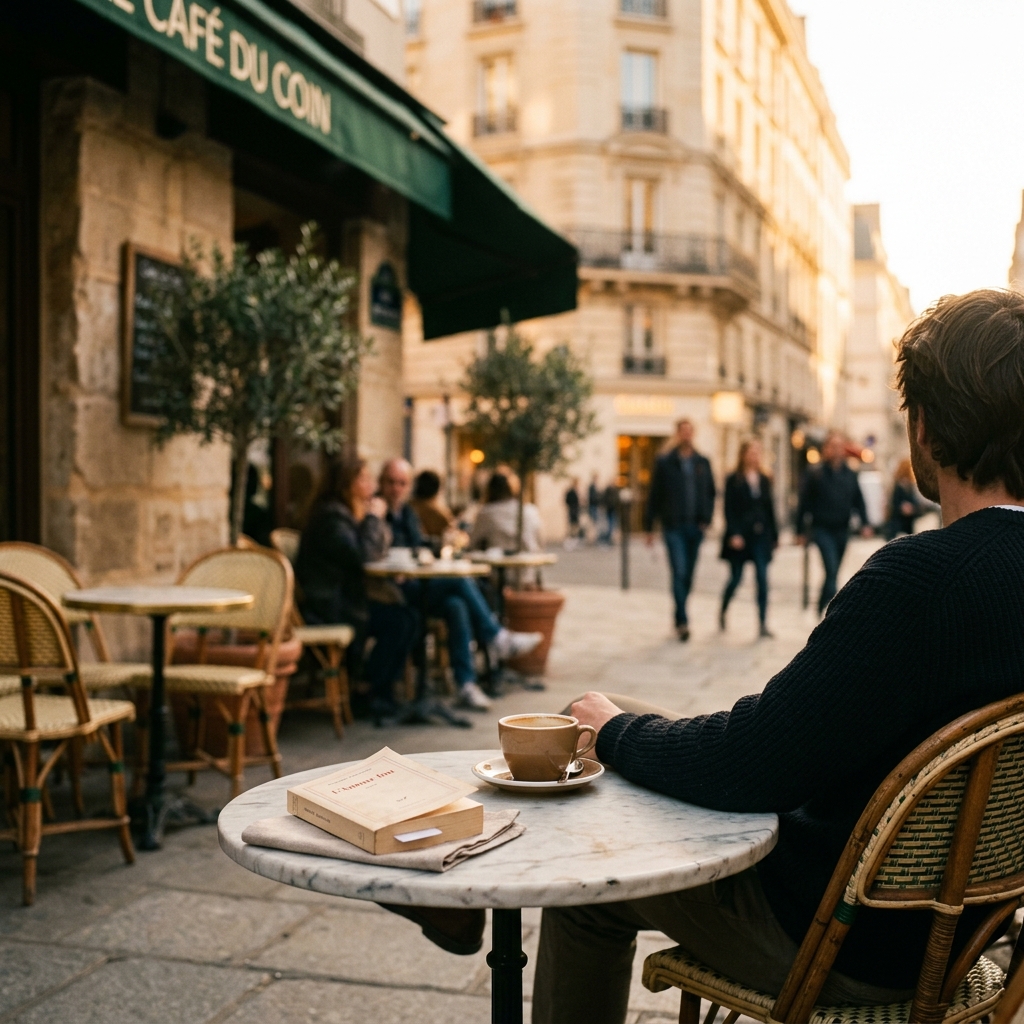 Photo d'une terrasse parisienne en lumière dorée avec un café et un livre.